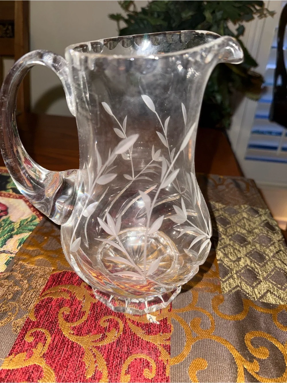 Crystal Etched Pitcher - Clear Glass Floral Design